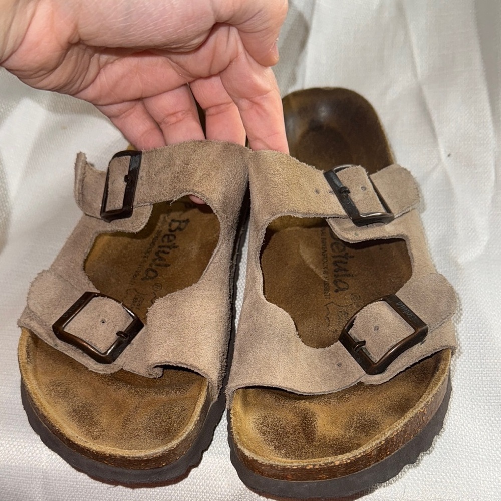 Birkenstock Tan Sandals with Wide Straps and Cork Footbed